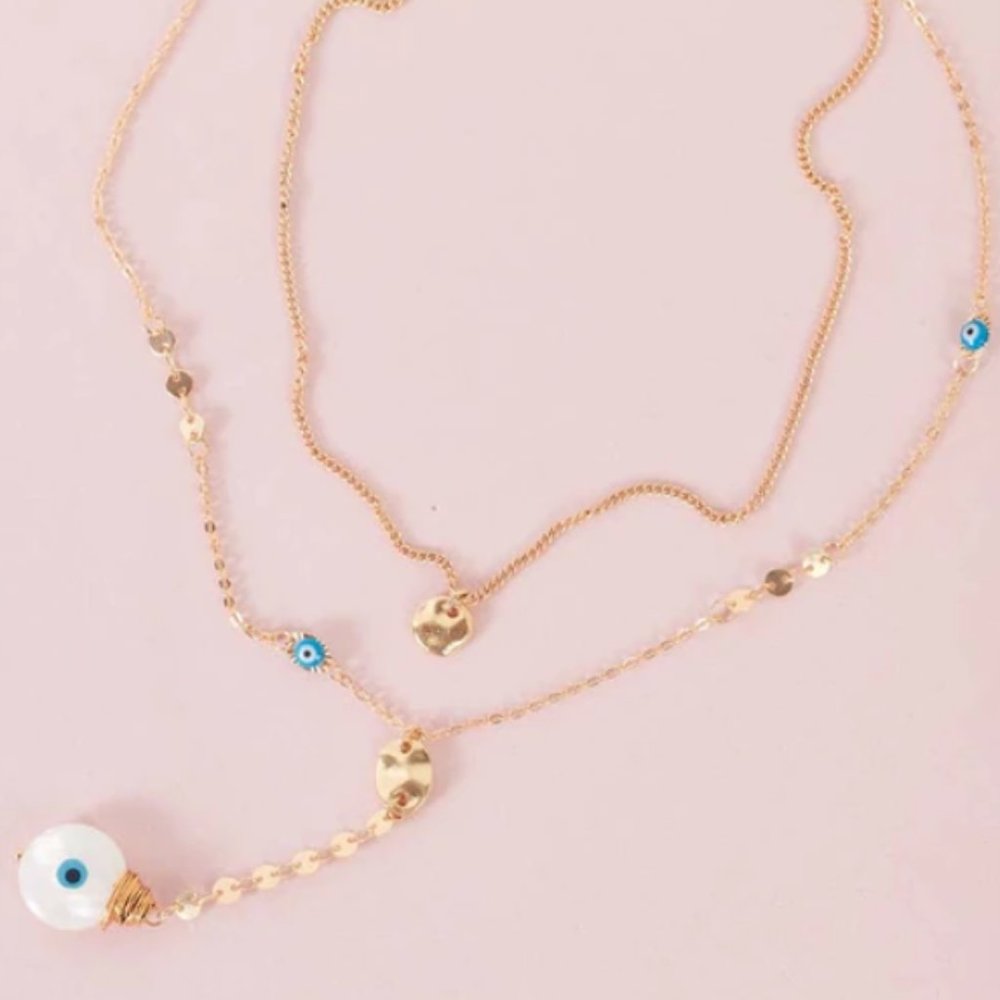 "Nazar Evil Eye" Gold & Blue Double With Circle Pendant